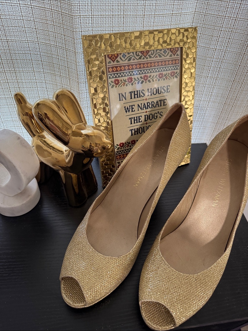 Stuart Weitzman Gold Glitter Peep-Toe Heels